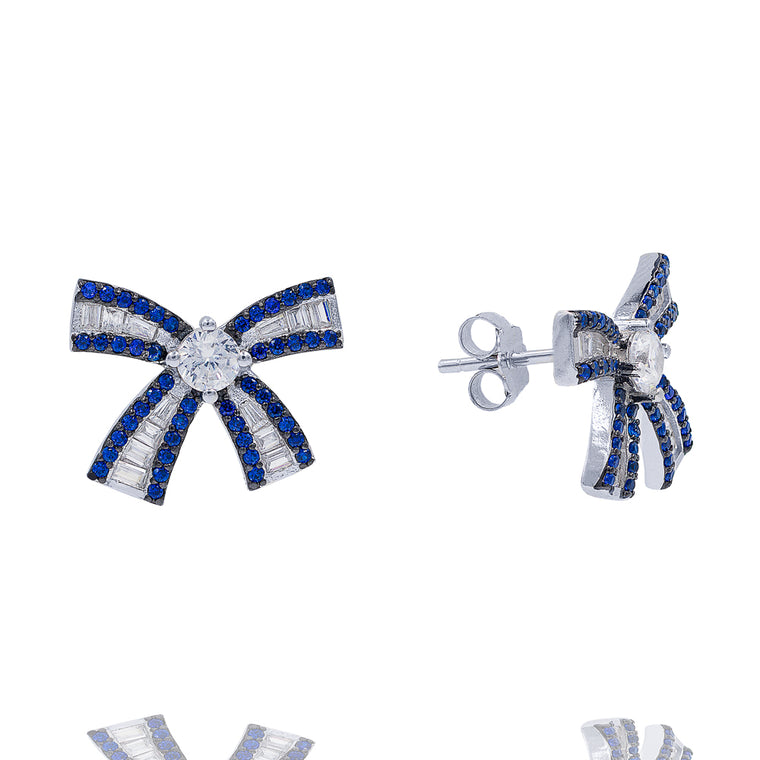 ZDE0787-S STERLING SILVER 925 RHODIUM PLATED BAGUETTE BOW DESIGN STUD EARRINGS