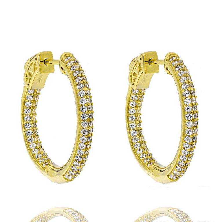 ZDE5001 STERLING SILVER 925 GOLD PLATED WHITE CZ HOOP EARRINGS